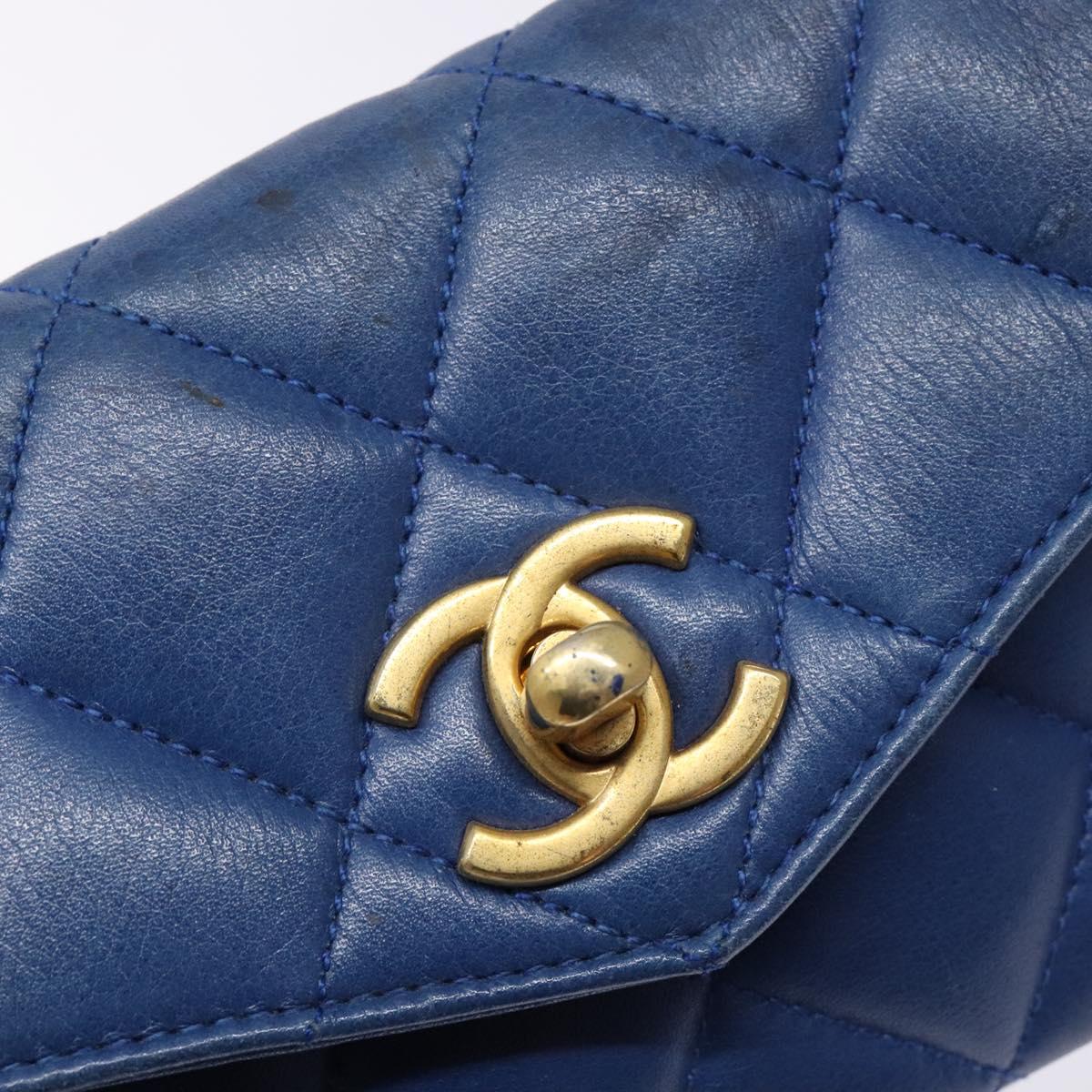 CHANEL Matelasse Pouch Lamb Skin Blue Gold CC Auth 140359