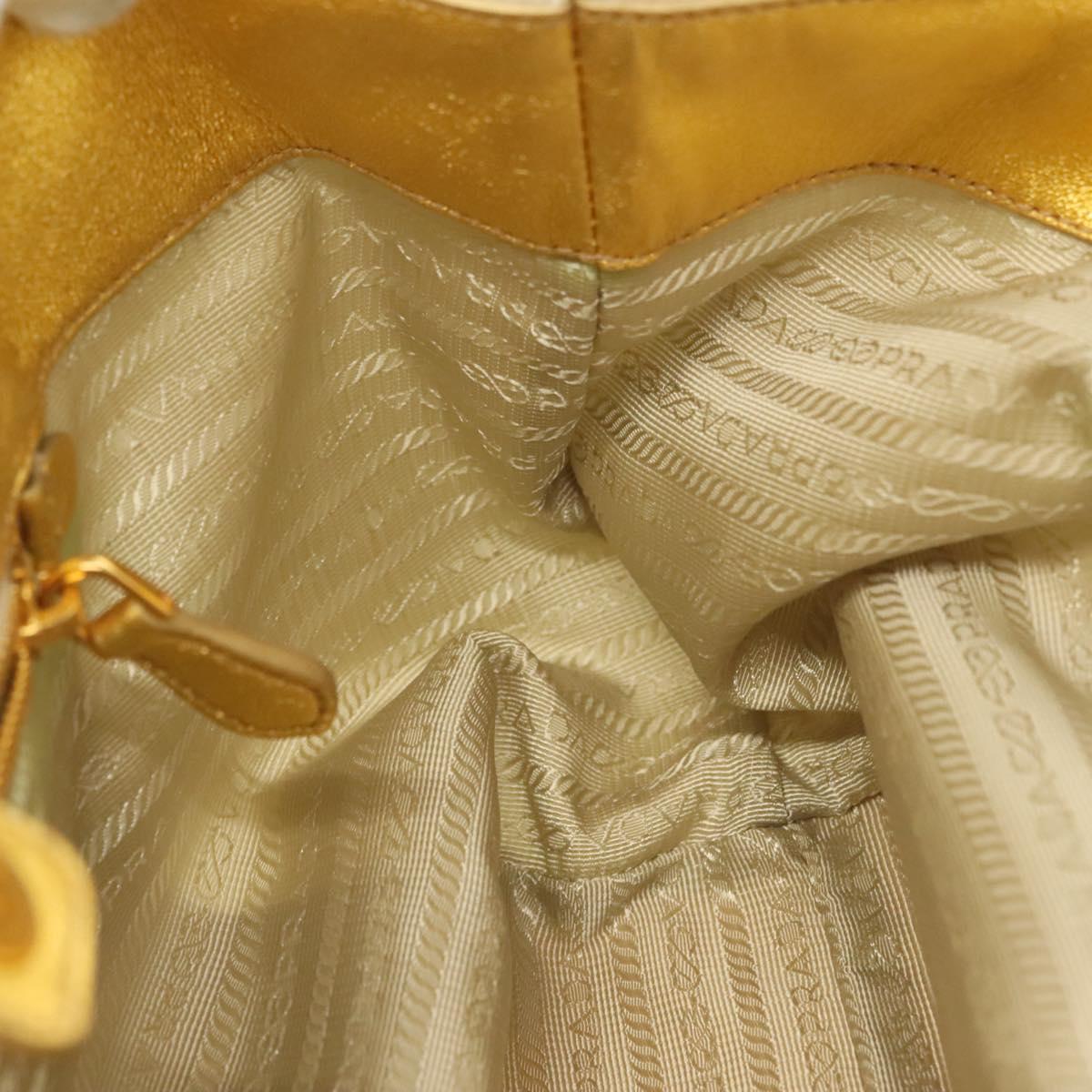 PRADA Ribbon Hand Bag Nylon White Gold Auth 140482