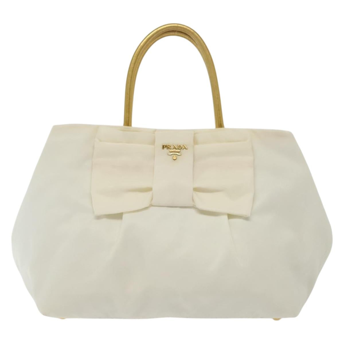 PRADA Ribbon Hand Bag Nylon White Gold Auth 140482