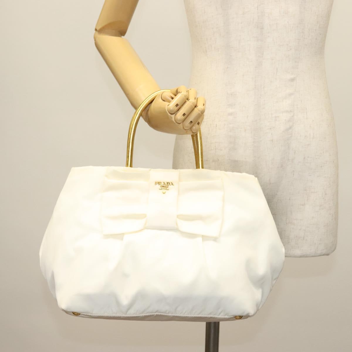 PRADA Ribbon Hand Bag Nylon White Gold Auth 140482