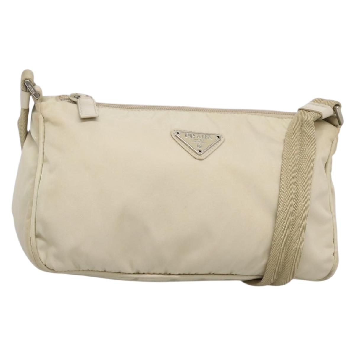PRADA Shoulder Bag Nylon Beige Silver Auth 140483