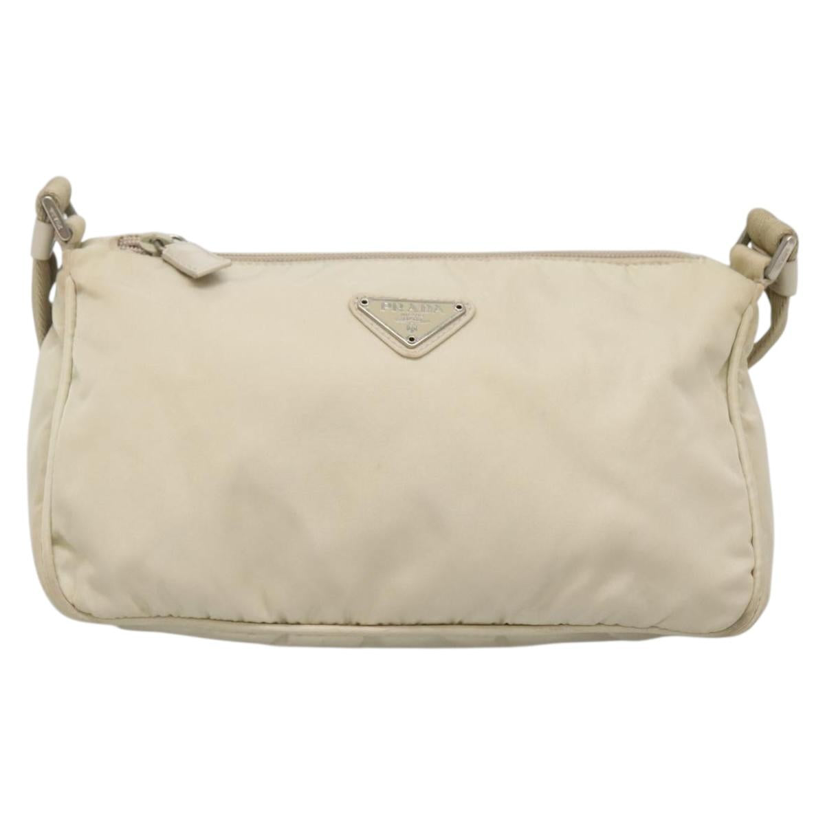 PRADA Shoulder Bag Nylon Beige Silver Auth 140483