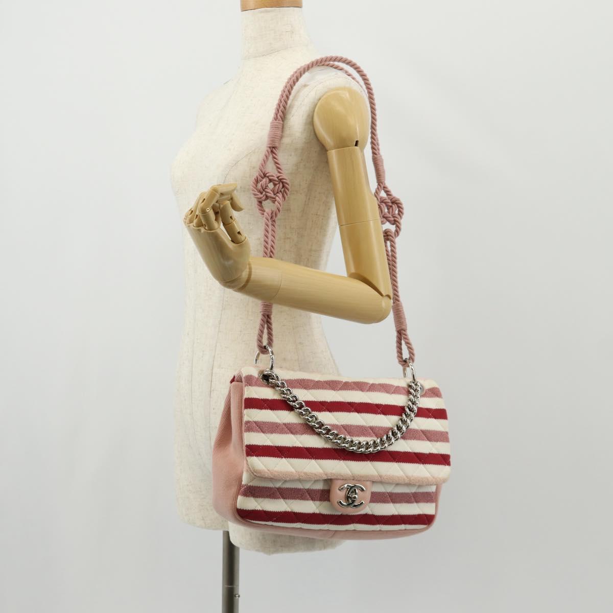 CHANEL Matelasse Chain Bag Knitted Fabrics 2way Pink Silver CC Auth 140495M