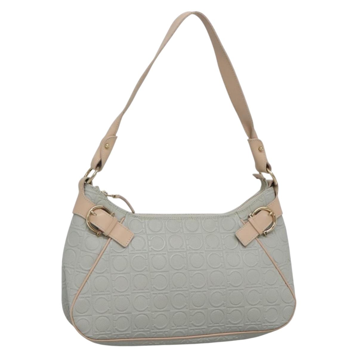 Salvatore Ferragamo Gancini Shoulder Bag Leather Gray Beige gold Auth 140541