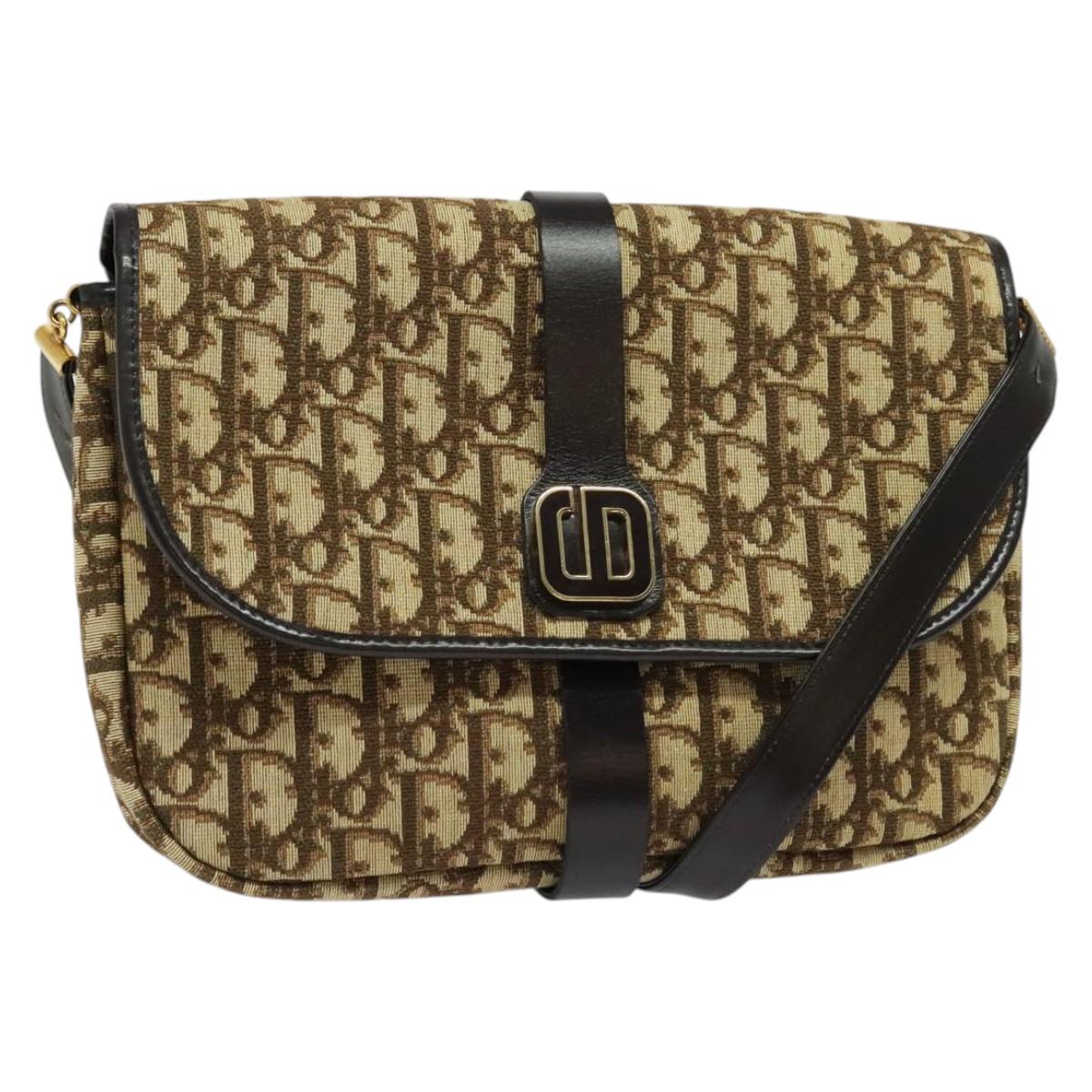 Christian Dior Trotter Canvas Shoulder Bag Brown Gold Auth 140545