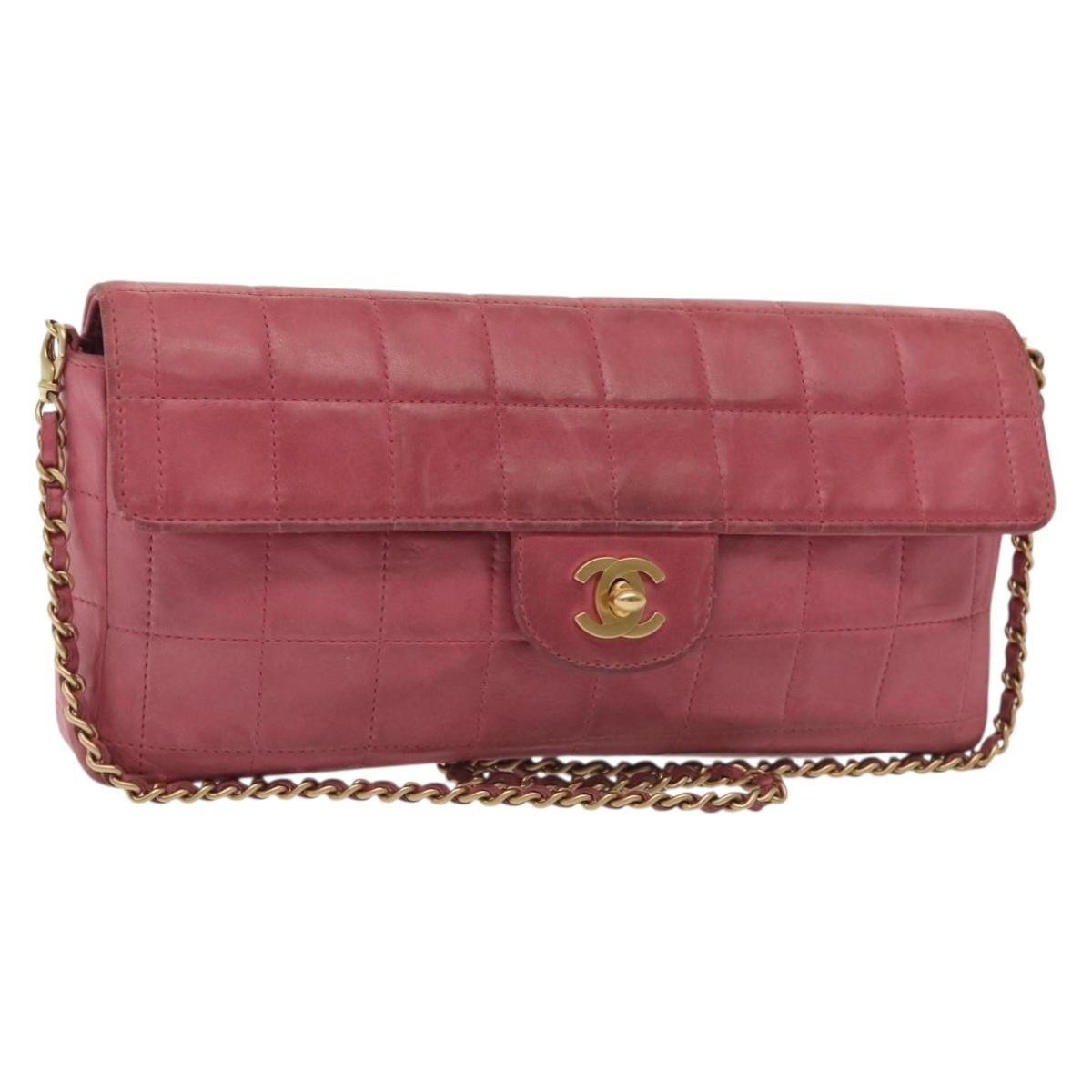 CHANEL Choco Bar Chain Shoulder Bag Leather Pink Gold CC Auth 140548