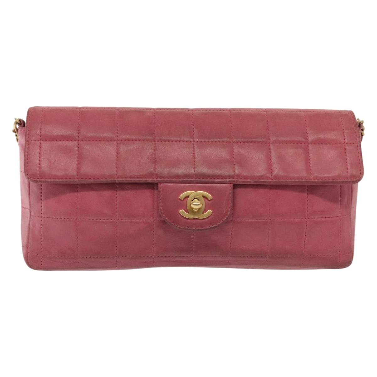 CHANEL Choco Bar Chain Shoulder Bag Leather Pink Gold CC Auth 140548