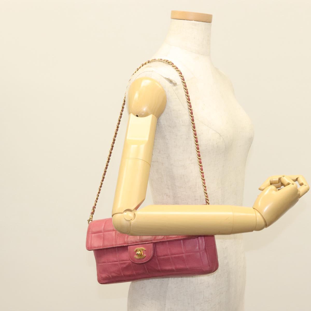 CHANEL Choco Bar Chain Shoulder Bag Leather Pink Gold CC Auth 140548