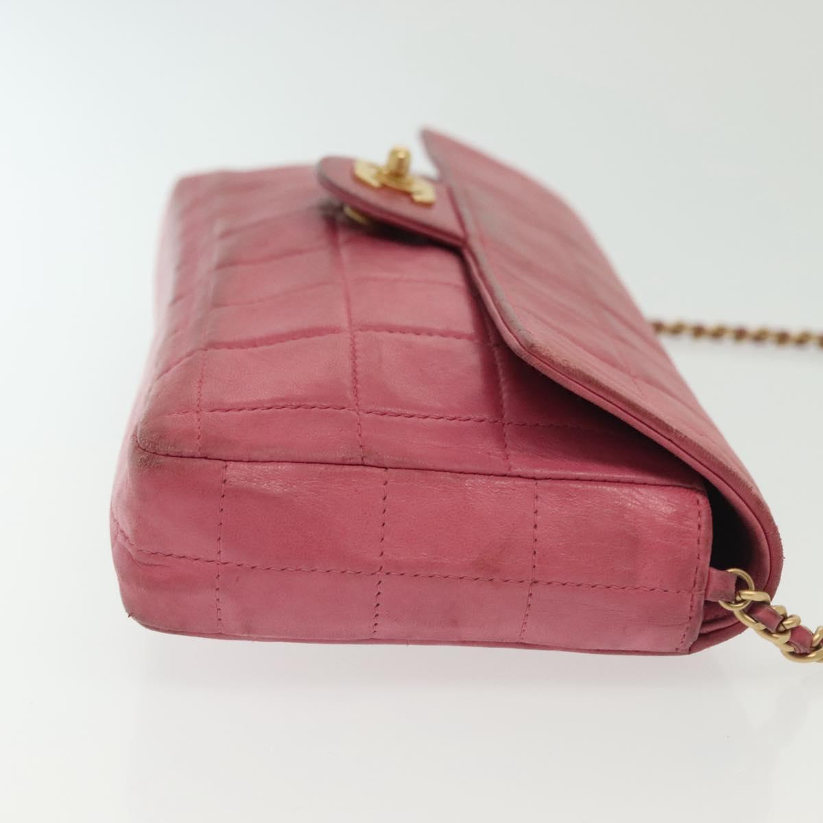 CHANEL Choco Bar Chain Shoulder Bag Leather Pink Gold CC Auth 140548