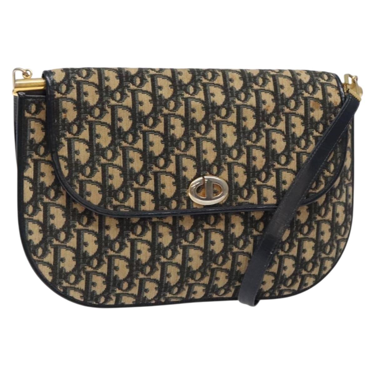 Christian Dior Trotter Canvas Shoulder Bag Navy Gold Auth 140606