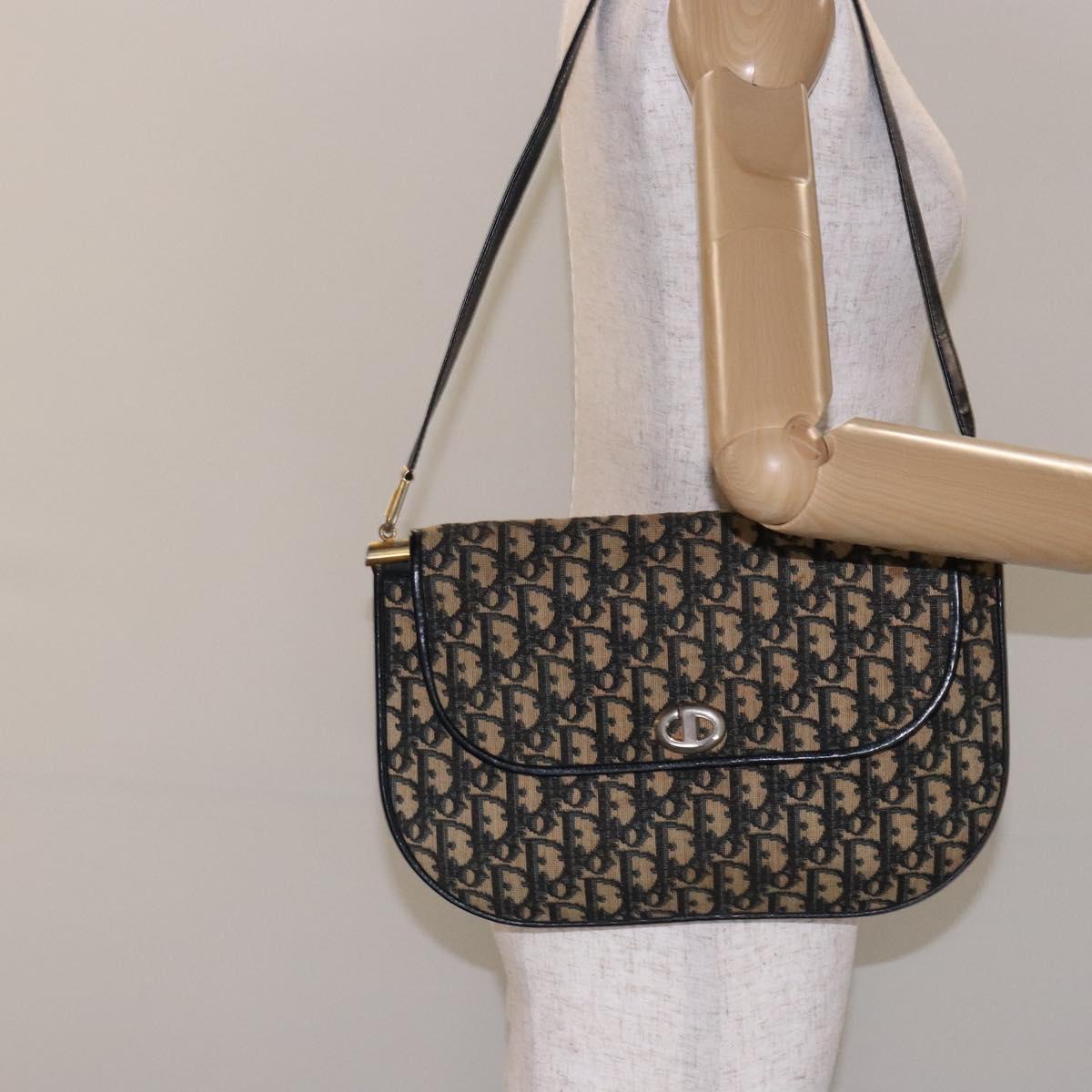 Christian Dior Trotter Canvas Shoulder Bag Navy Gold Auth 140606