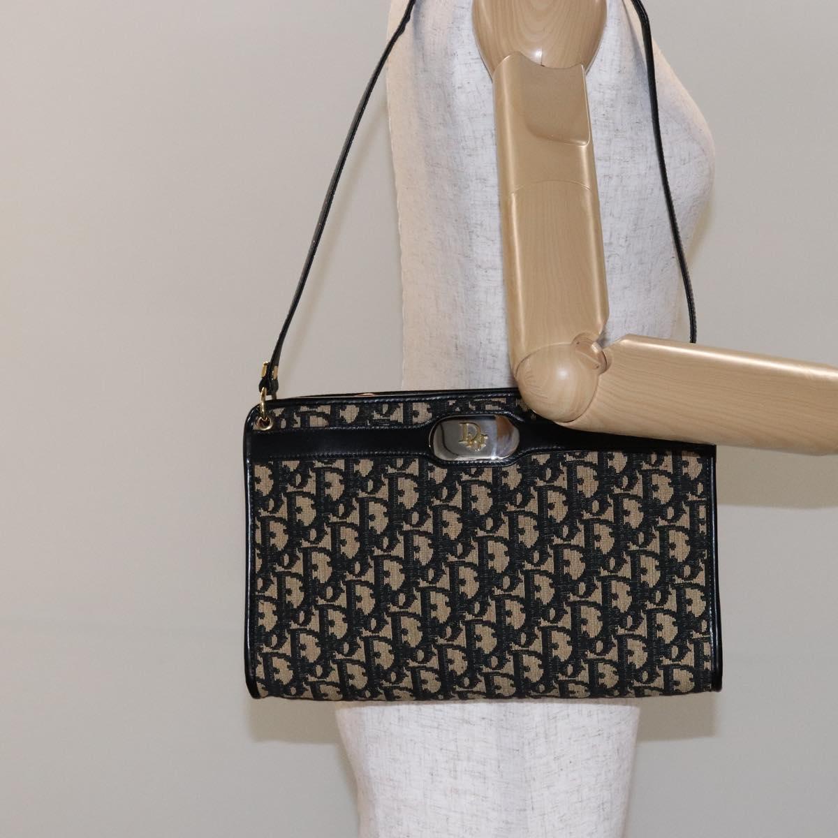 Christian Dior Trotter Canvas Shoulder Bag Navy Gold Auth 140607