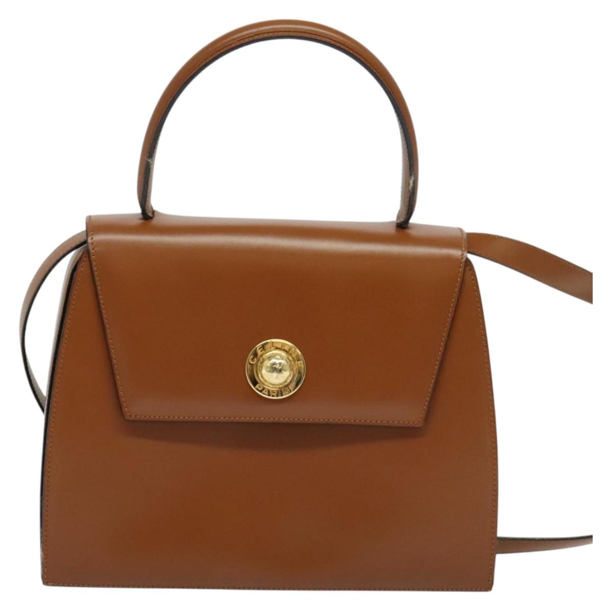 CELINE Hand Bag Leather 2way Brown Gold Auth 140614