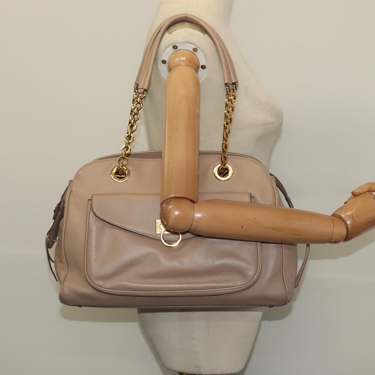 Salvatore Ferragamo Gancini Tote Bag Leather Beige Gold Auth 140617