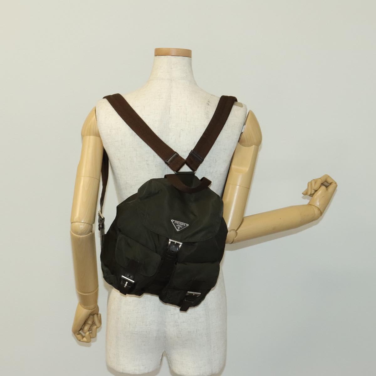PRADA Backpack Nylon Khaki Silver Auth 140621