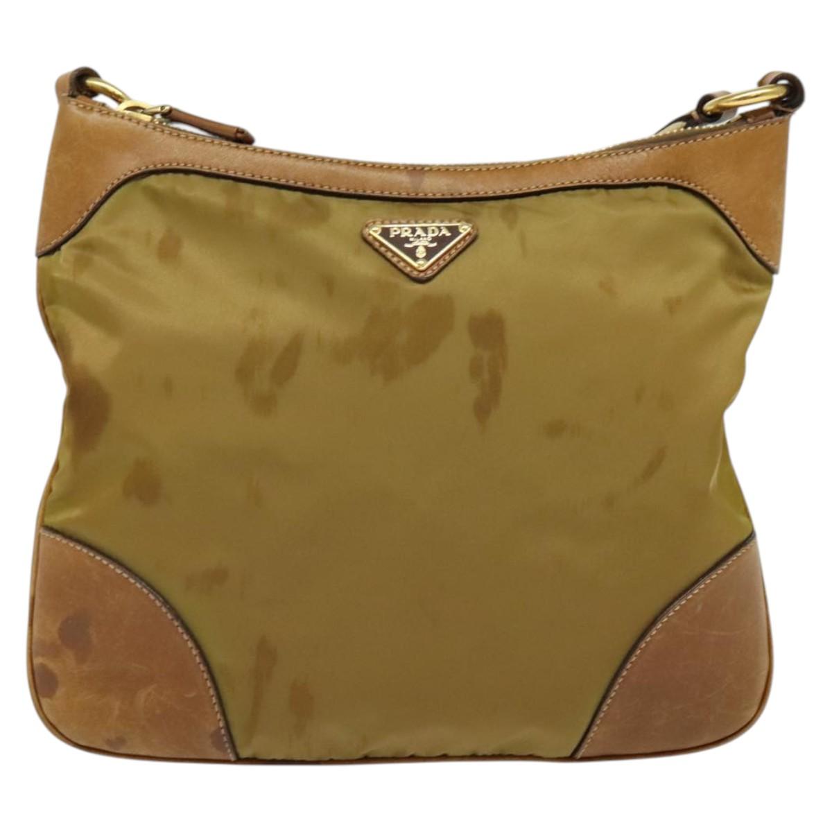 PRADA Shoulder Bag Nylon Leather Beige Gold Auth 140625