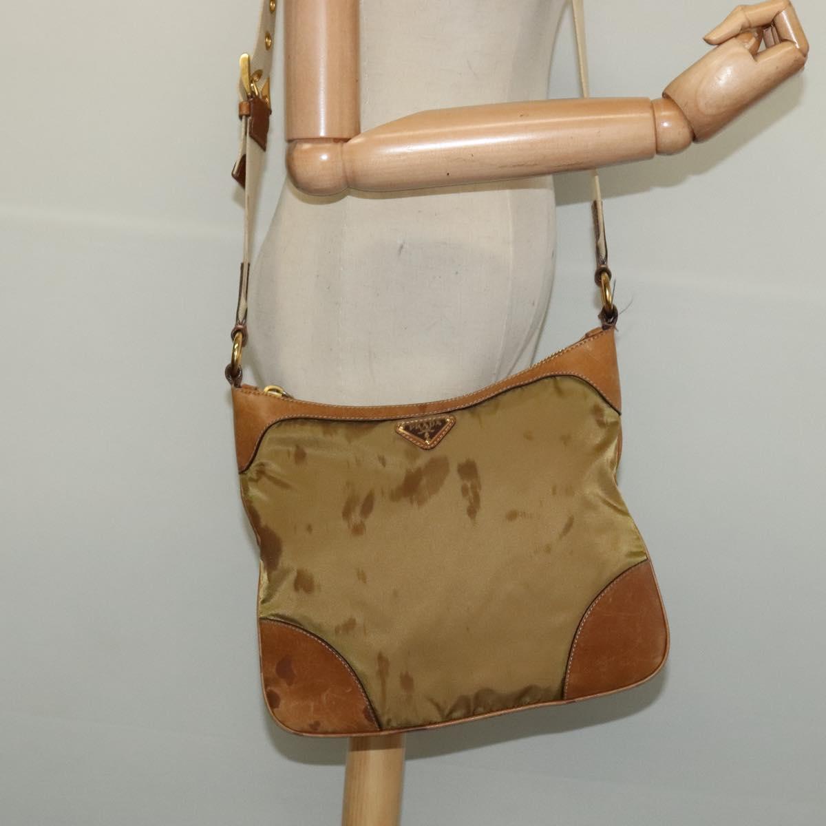 PRADA Shoulder Bag Nylon Leather Beige Gold Auth 140625