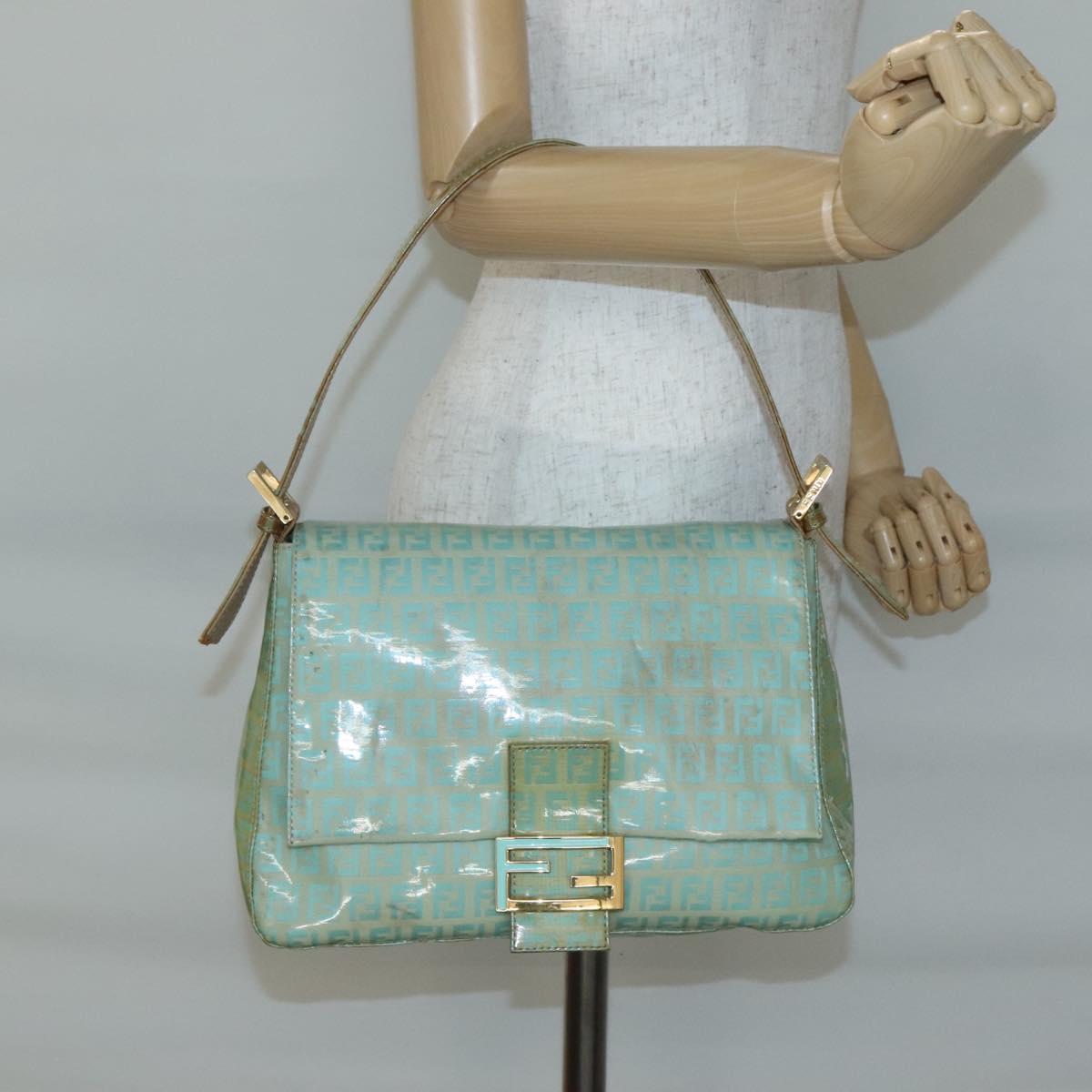 FENDI Zucchino Canvas Mamma Baguette Bag Enamel Peppermint Gold Auth 140635A