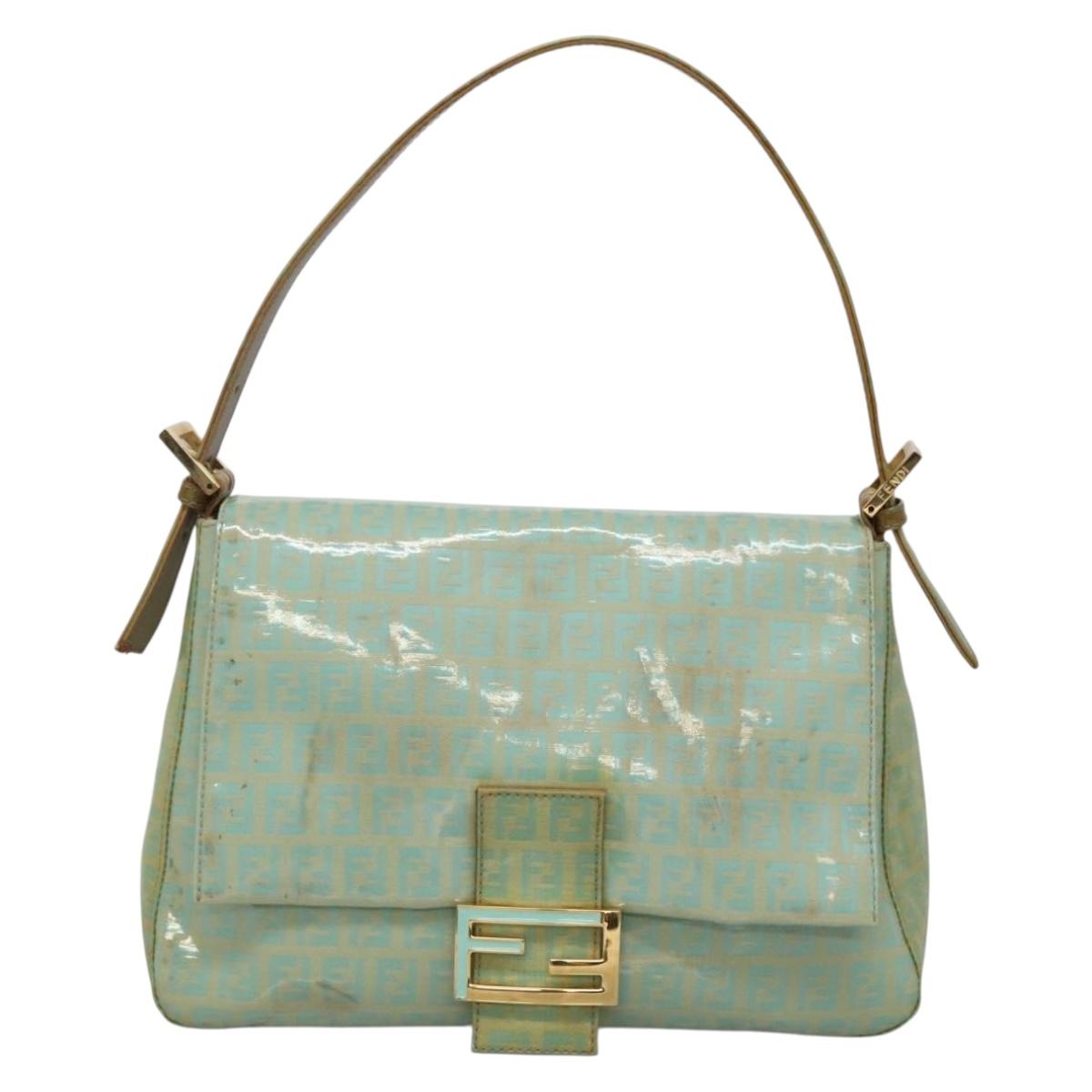 FENDI Zucchino Canvas Mamma Baguette Bag Enamel Peppermint Gold Auth 140635A