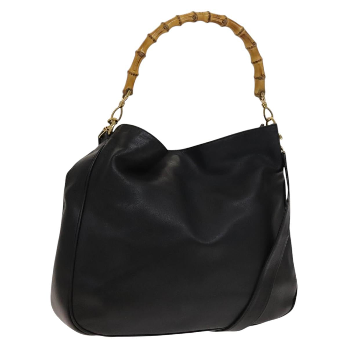 GUCCI Bamboo Hand Bag Leather 2way Black Gold 001 1781 1577 Auth 140641