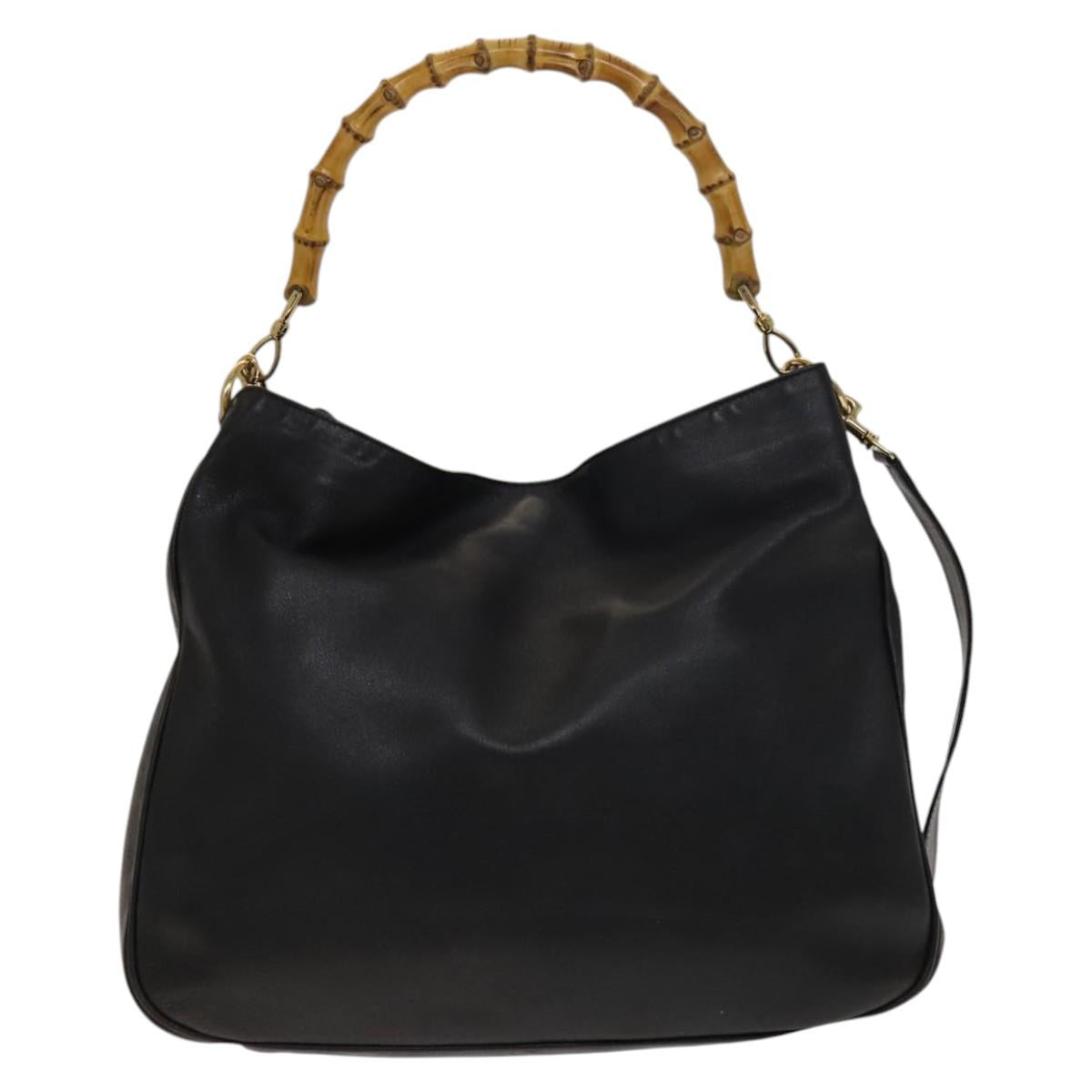 GUCCI Bamboo Hand Bag Leather 2way Black Gold 001 1781 1577 Auth 140641