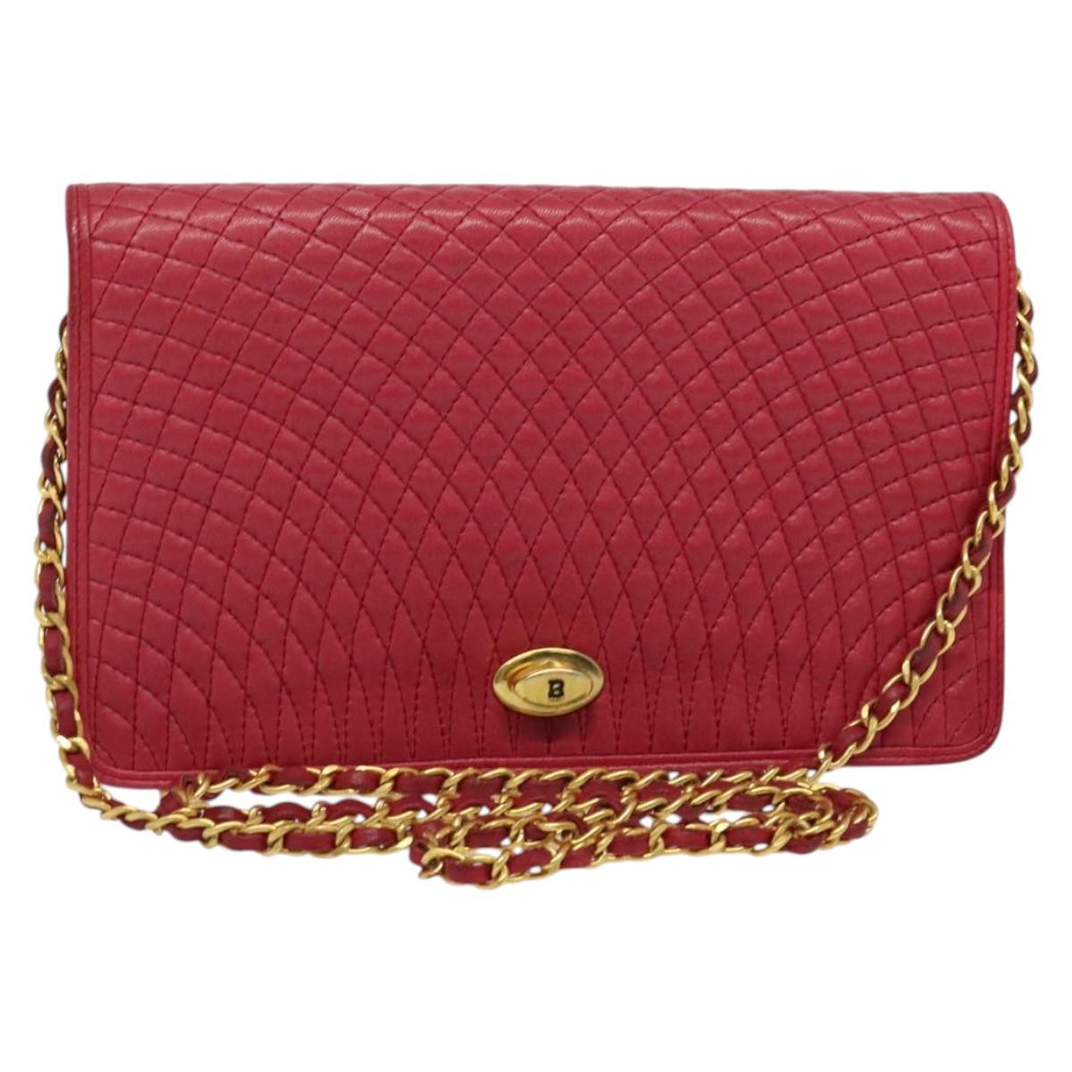 BALLY Chain Shoulder Bag Leather Red Gold Auth 140668