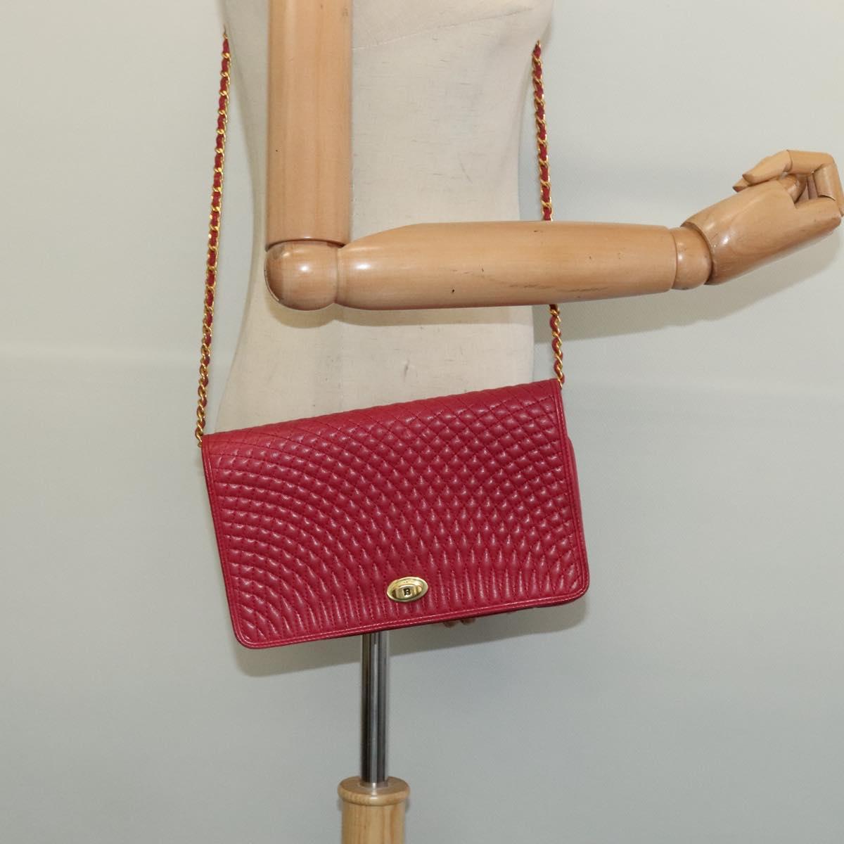 BALLY Chain Shoulder Bag Leather Red Gold Auth 140668