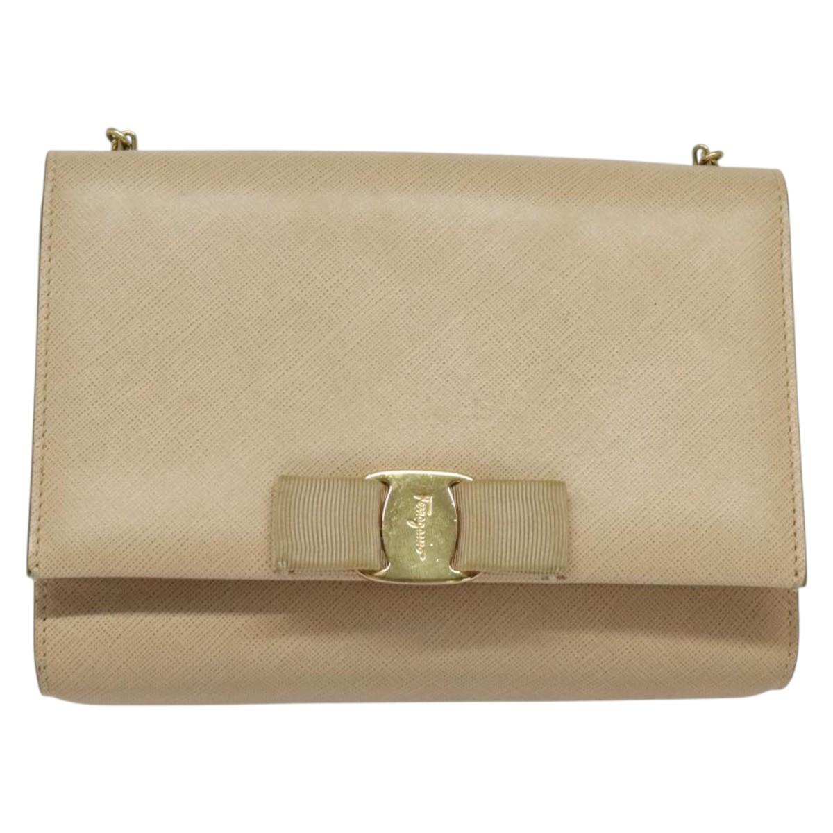 Salvatore Ferragamo Chain Vala Shoulder Bag Leather Beige Gold Auth 140674