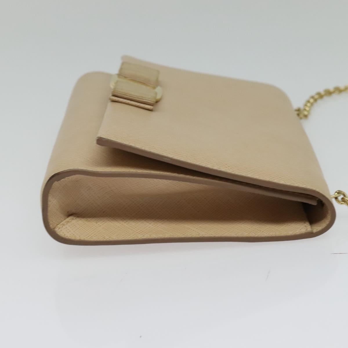 Salvatore Ferragamo Chain Vala Shoulder Bag Leather Beige Gold Auth 140674