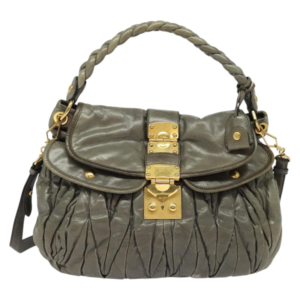 Miu Miu Matelasse Shoulder Bag Leather 2way Gray Gold Auth 140677