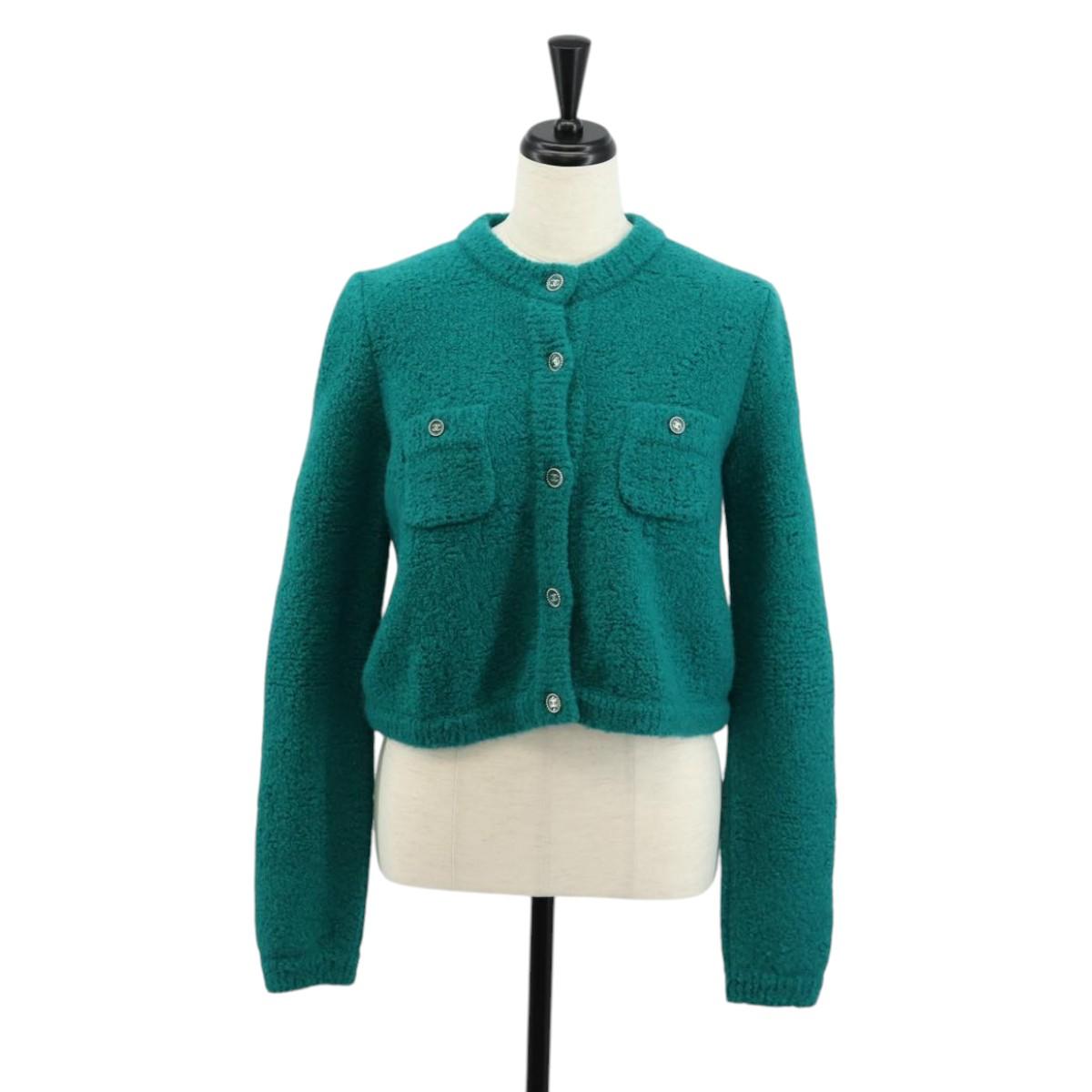 CHANEL Jacket Tweed Green Silver CC Auth 140691M