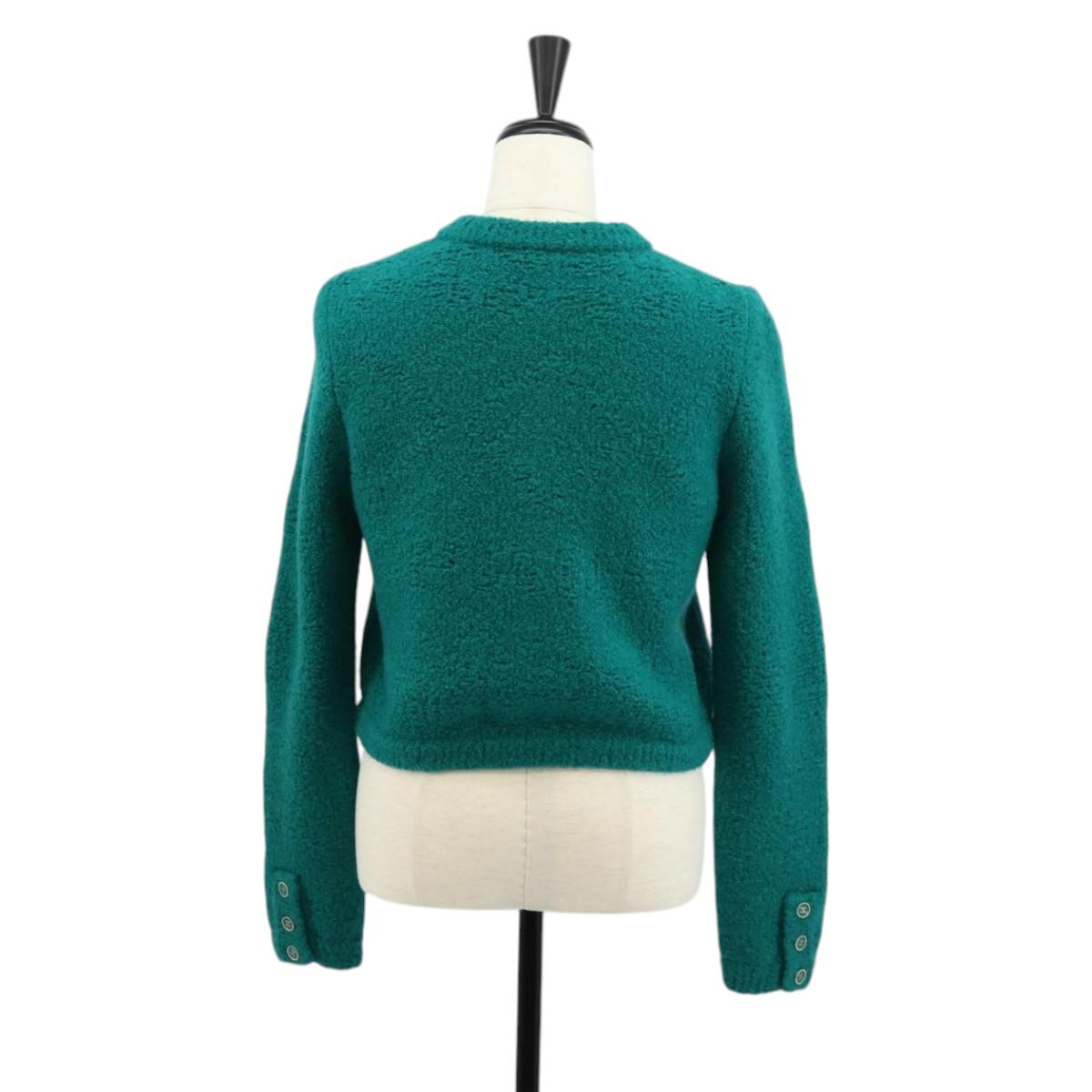 CHANEL Jacket Tweed Green Silver CC Auth 140691M