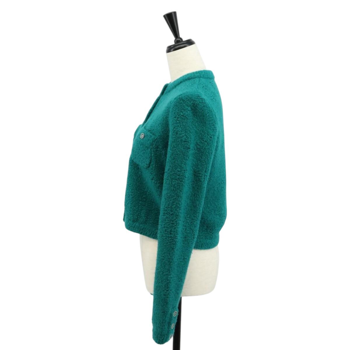 CHANEL Jacket Tweed Green Silver CC Auth 140691M