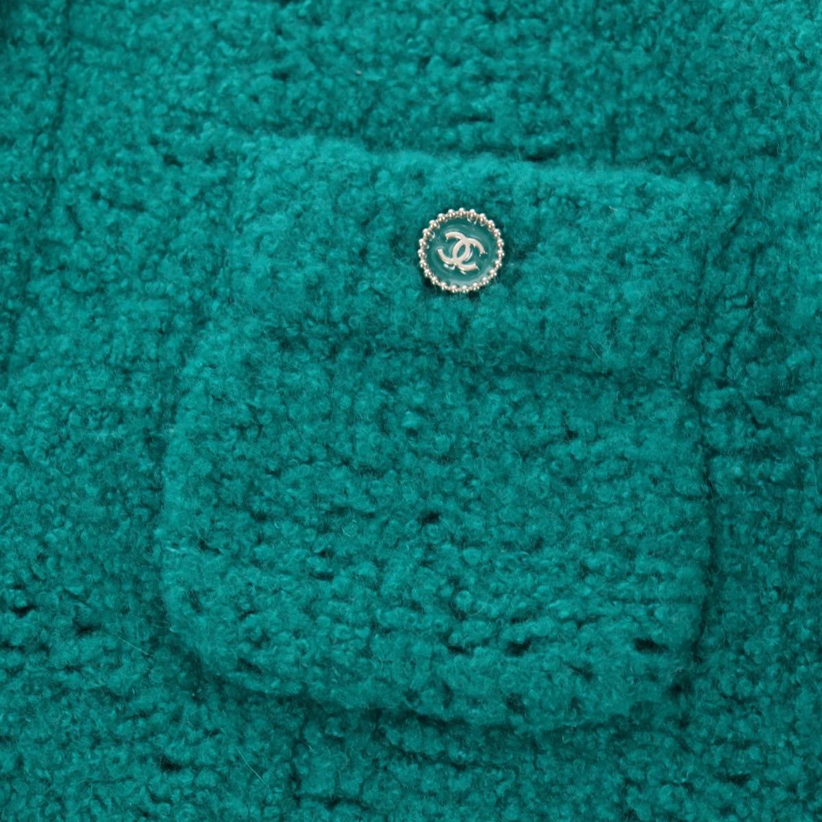 CHANEL Jacket Tweed Green Silver CC Auth 140691M