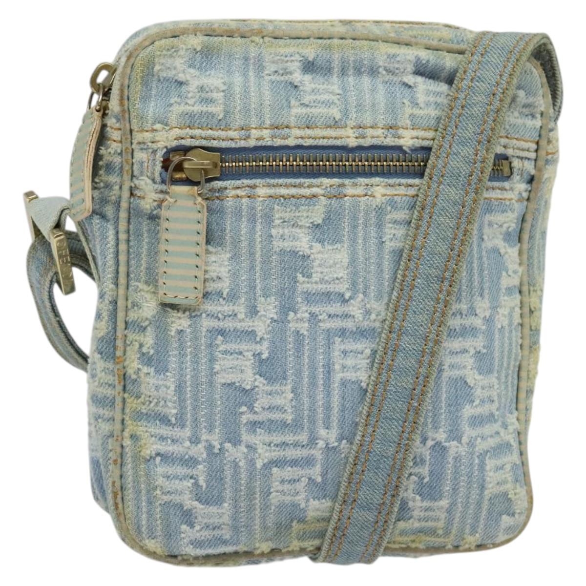 FENDI Zucca Canvas Shoulder Bag Denim Light Blue Gold Auth 140722
