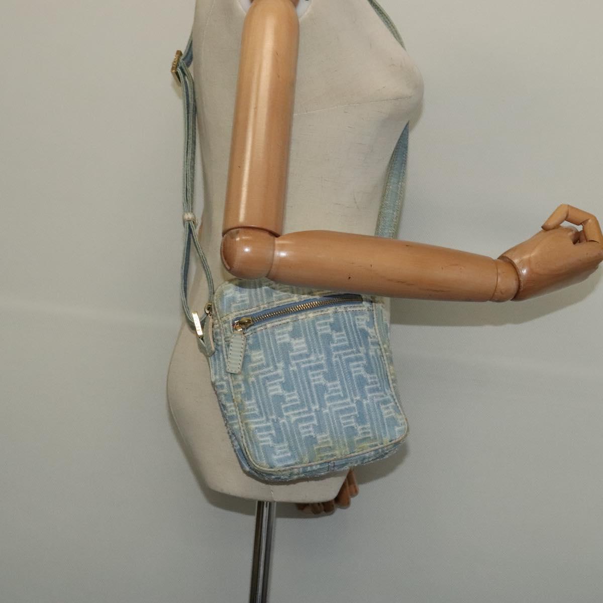 FENDI Zucca Canvas Shoulder Bag Denim Light Blue Gold Auth 140722