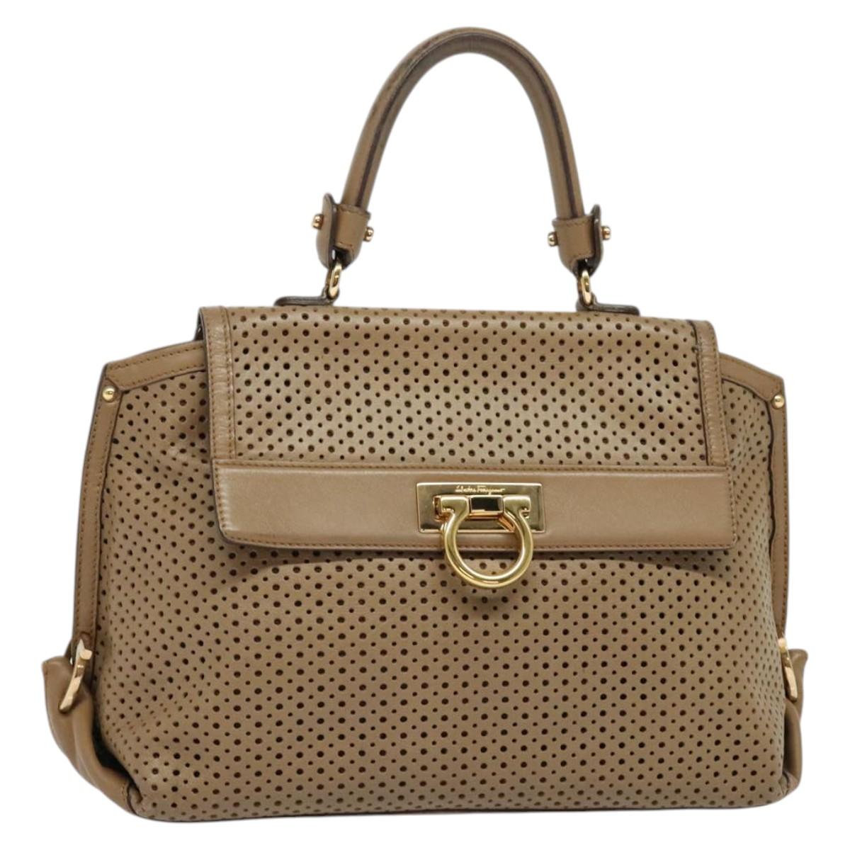 Salvatore Ferragamo Gancini Hand Bag Punching leather Brown Gold Auth 140750