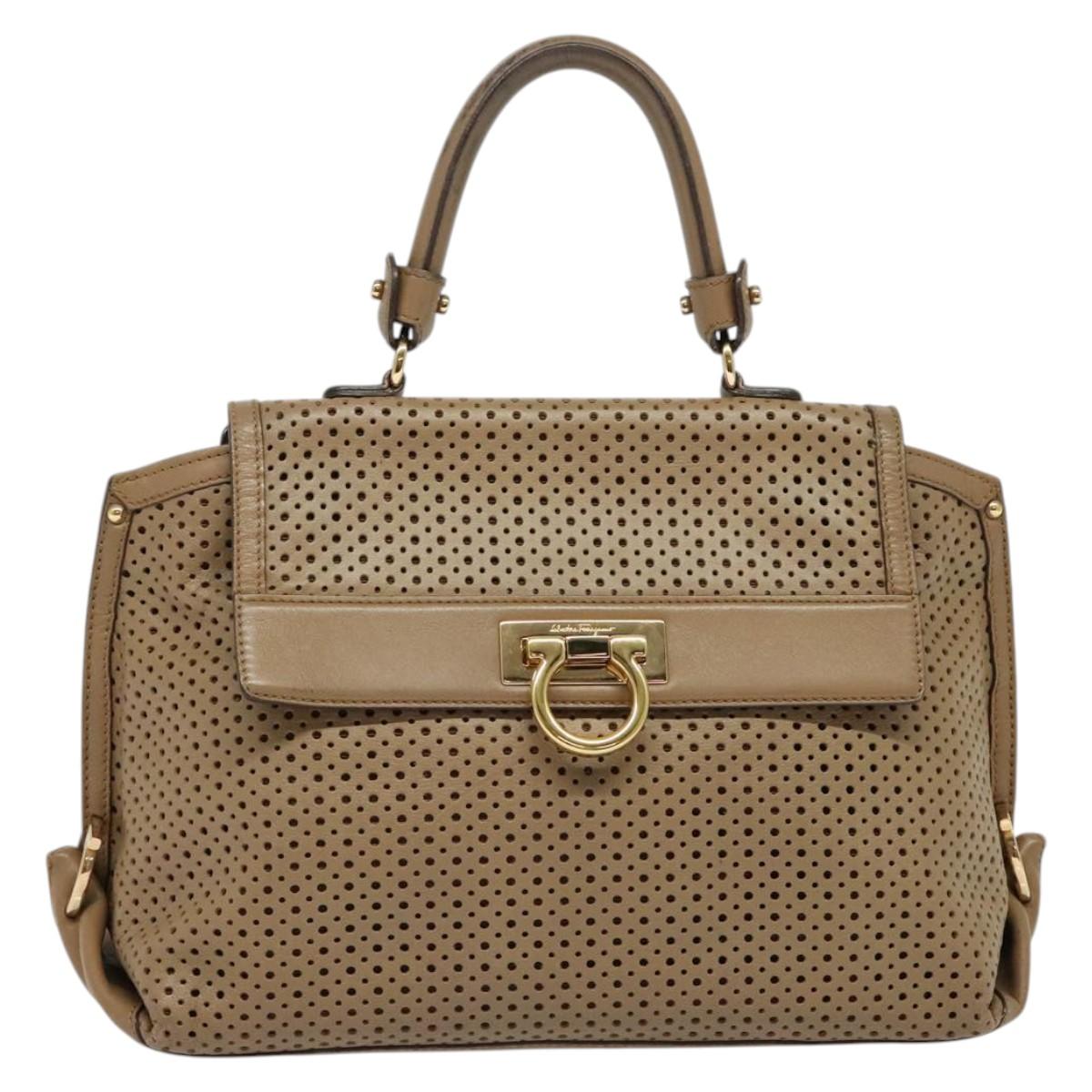 Salvatore Ferragamo Gancini Hand Bag Punching leather Brown Gold Auth 140750