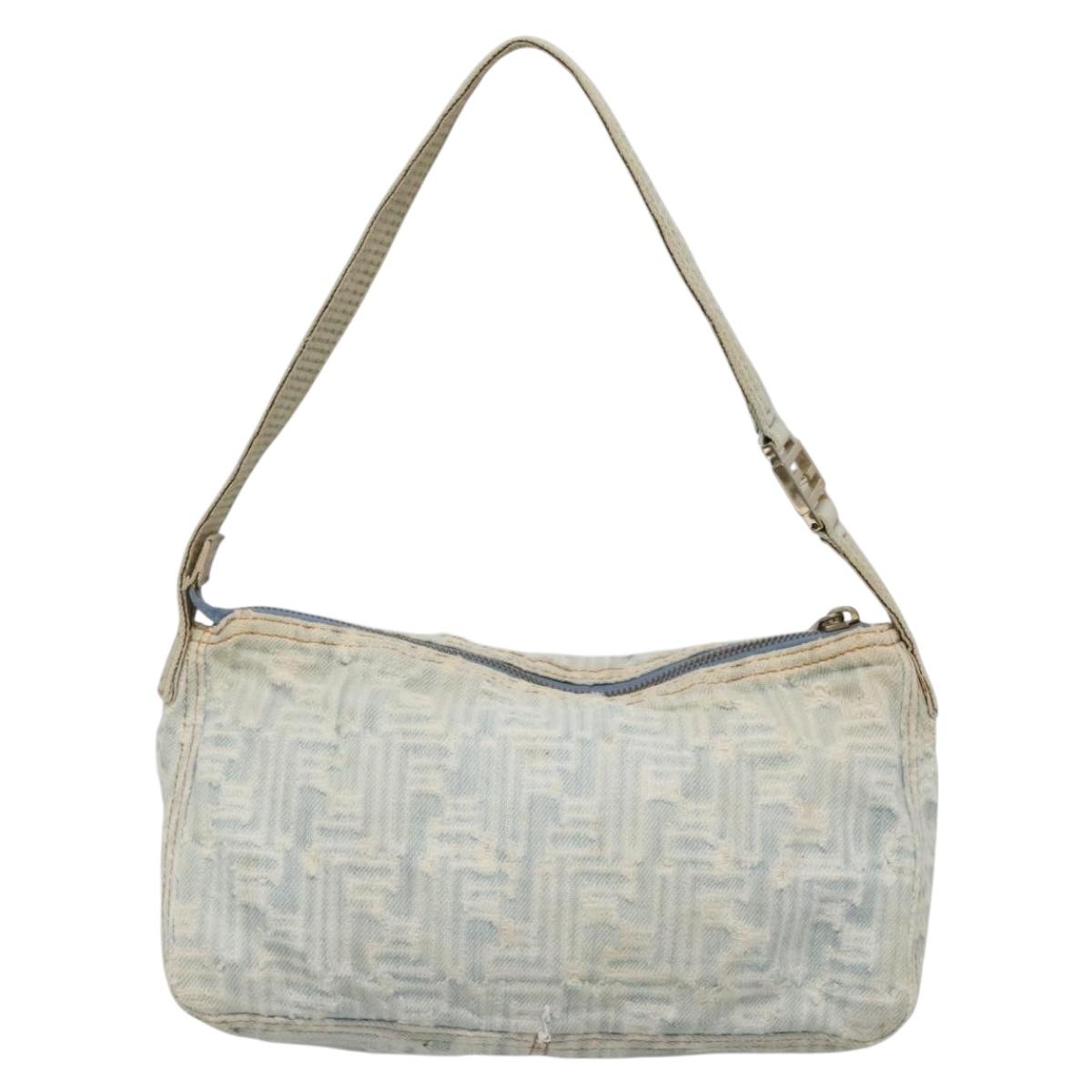 FENDI Zucca Canvas Shoulder Bag Denim Light Blue Gold Auth 140817