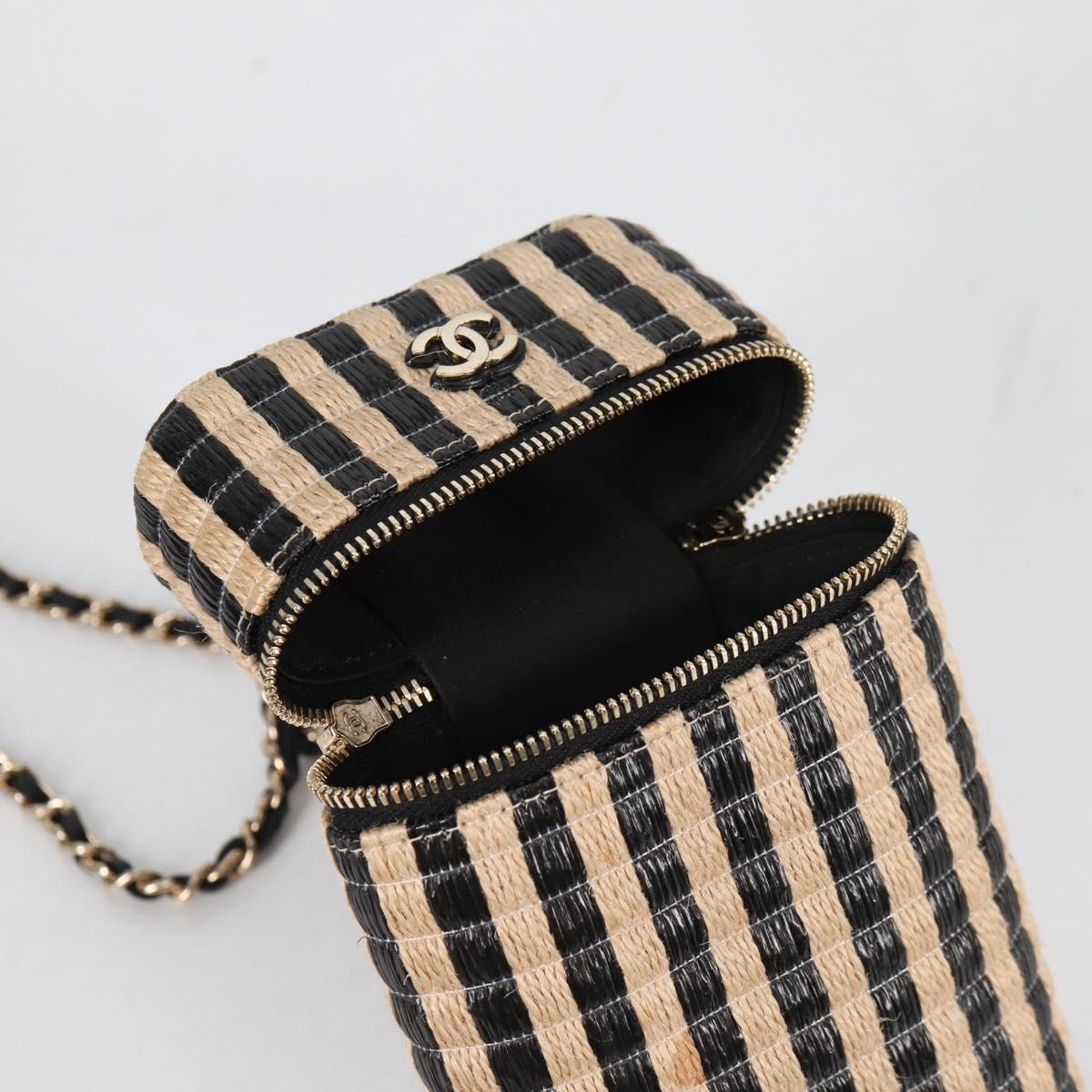 CHANEL Chain Phone Case Raffia Beige Gold CC Auth 140901SAM