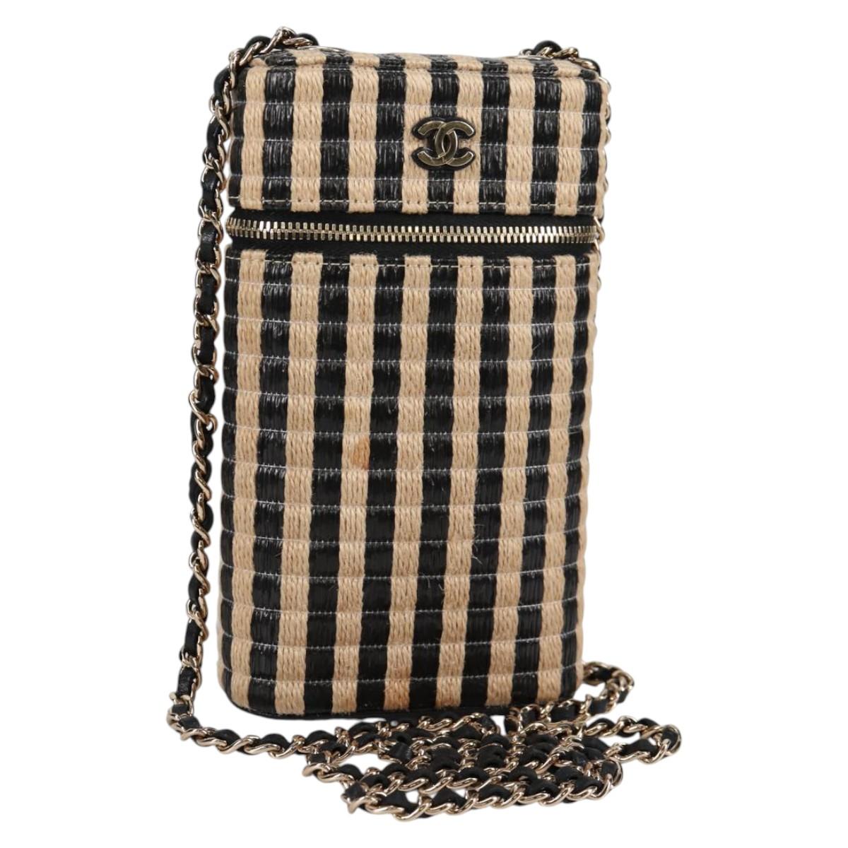 CHANEL Chain Phone Case Raffia Beige Gold CC Auth 140901SAM