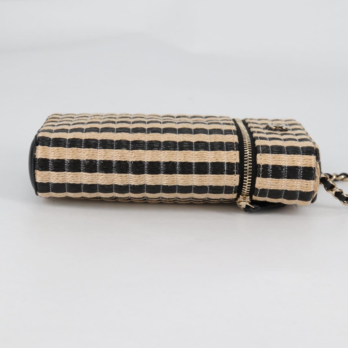 CHANEL Chain Phone Case Raffia Beige Gold CC Auth 140901SAM