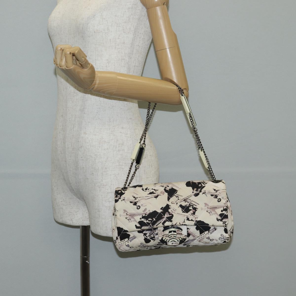 CHANEL Airline Shoulder Bag Canvas Beige Silver CC Auth 140904V