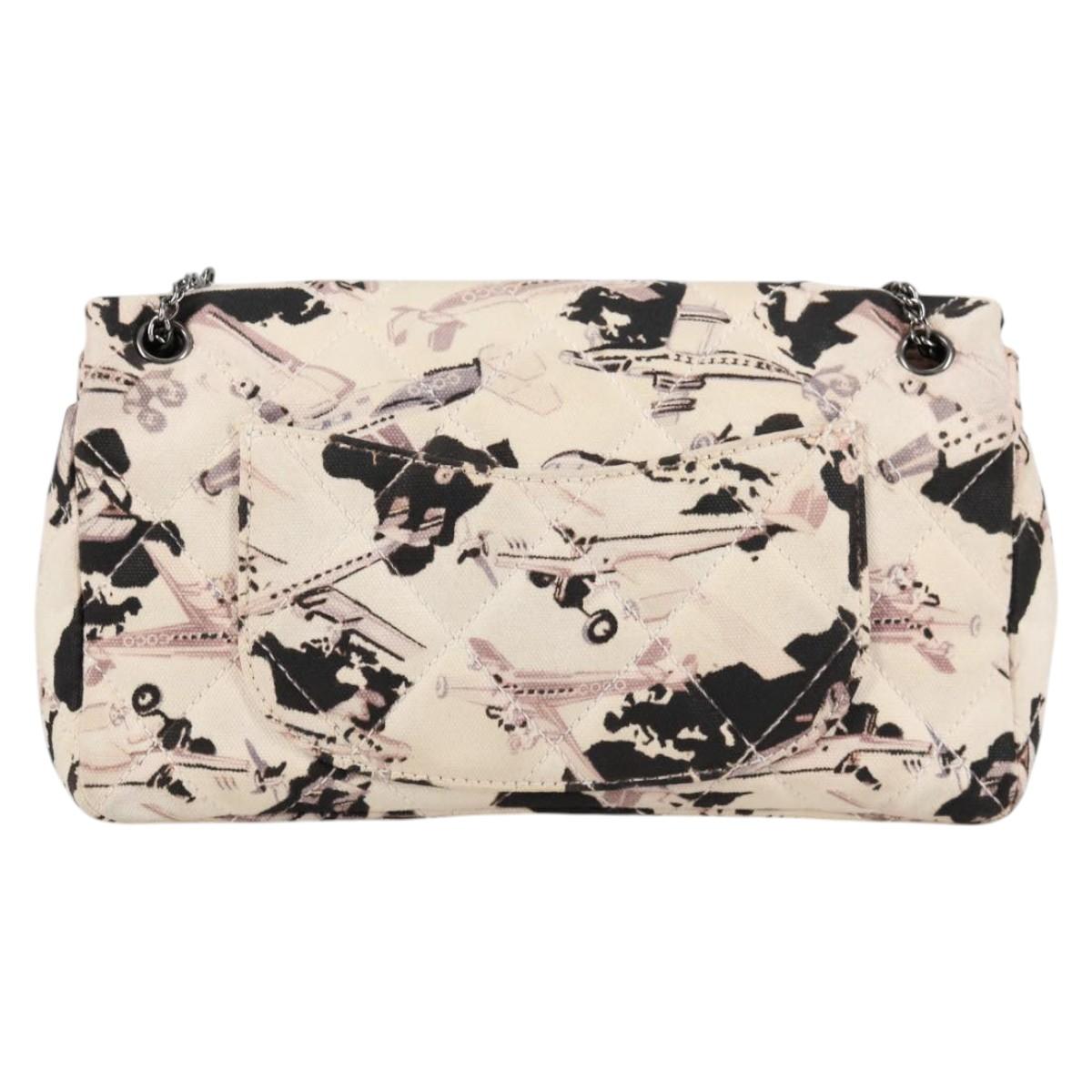CHANEL Airline Shoulder Bag Canvas Beige Silver CC Auth 140904V