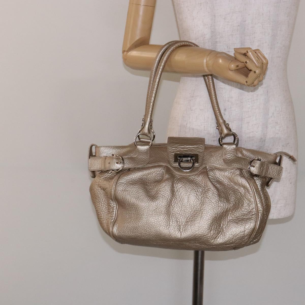 Salvatore Ferragamo Gancini Hand Bag Leather Gold Silver Auth 140914