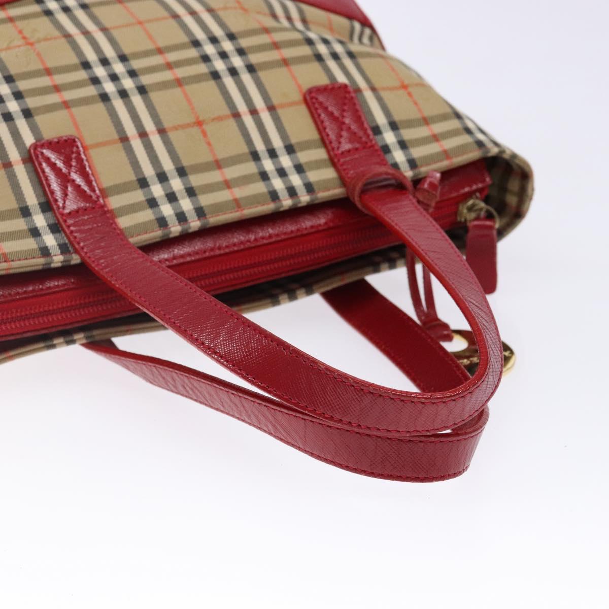 BURBERRY Nova Check Hand Bag Canvas Beige Red gold Auth 140919