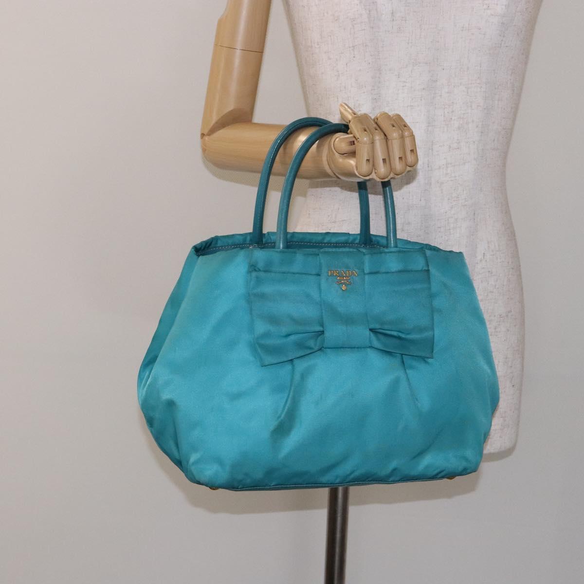 PRADA Hand Bag Nylon Turquoise Blue Gold Auth 140922