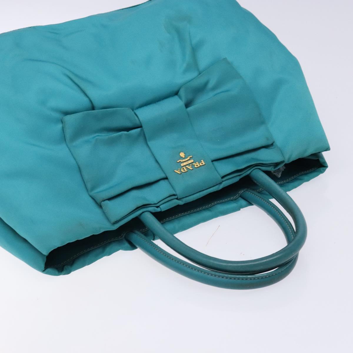 PRADA Hand Bag Nylon Turquoise Blue Gold Auth 140922
