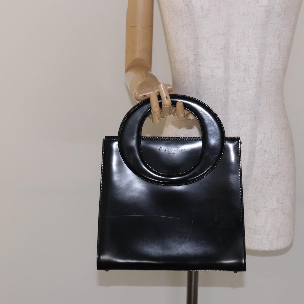 Christian Dior Hand Bag Leather Black Gold Auth 140947