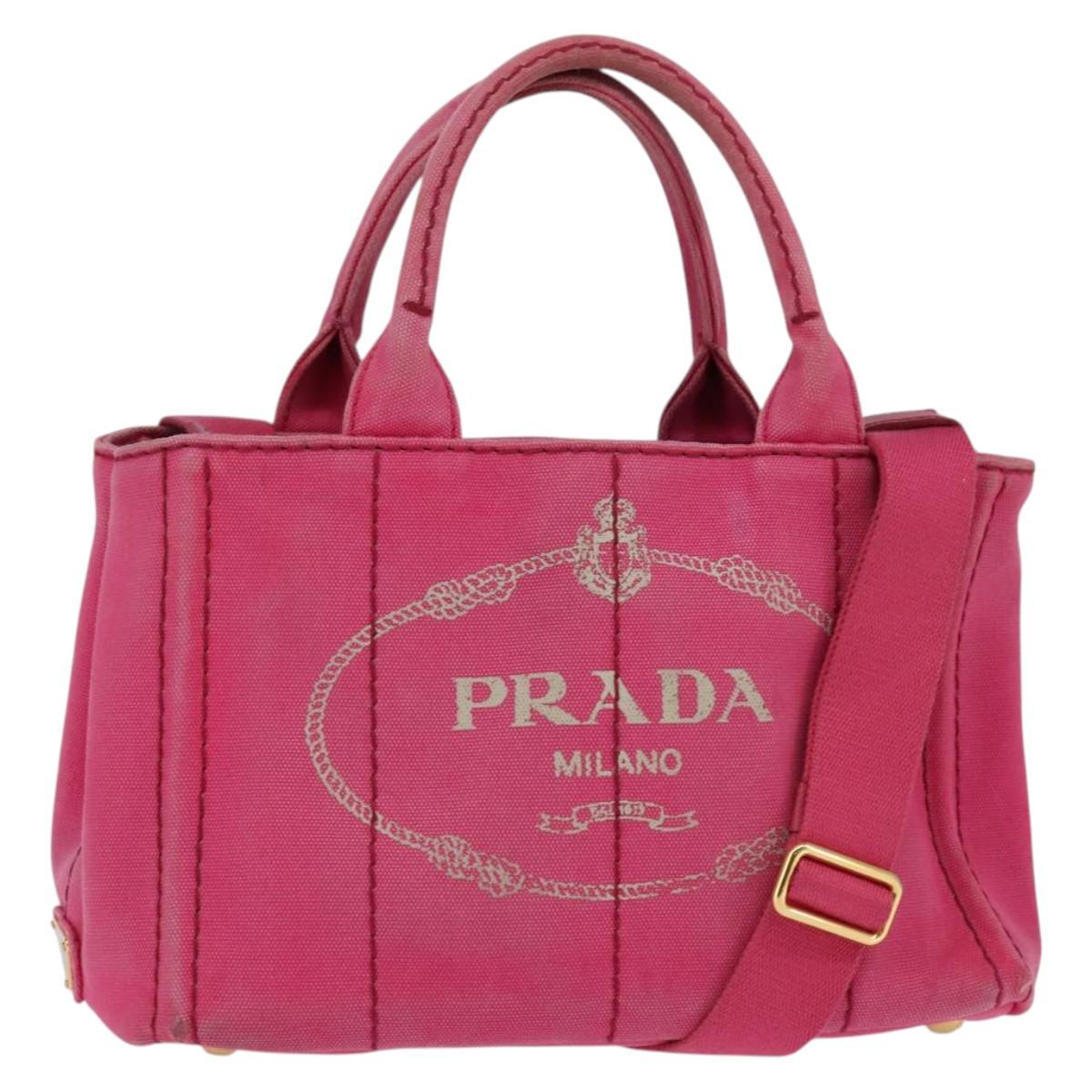 PRADA Canapa PM Hand Bag Canvas 2way Pink Gold Auth 140952
